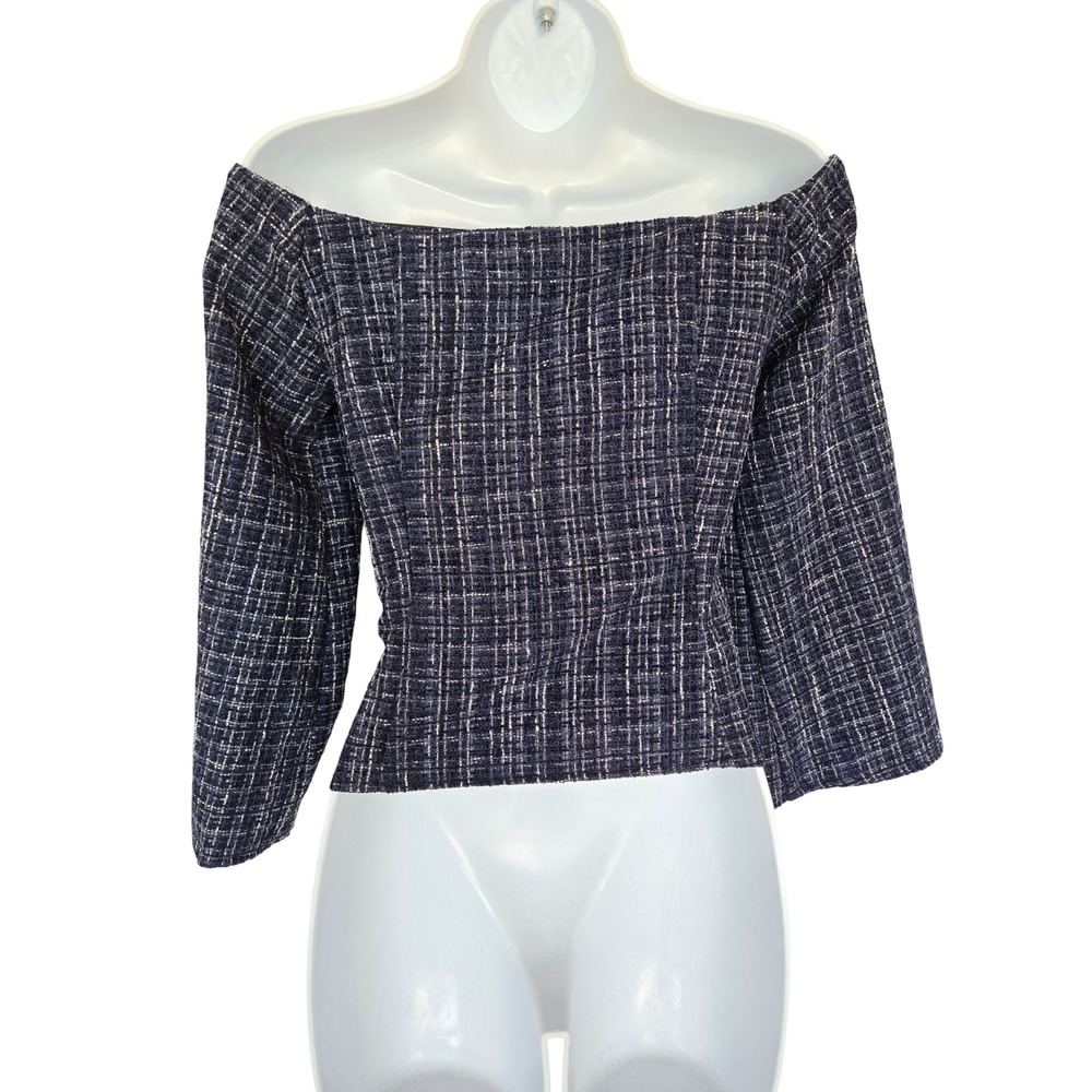Zara Navy Tweed Off Shoulder Top L Flare Sleeve Office Siren Mod Retro Tailored - Picture 5 of 11